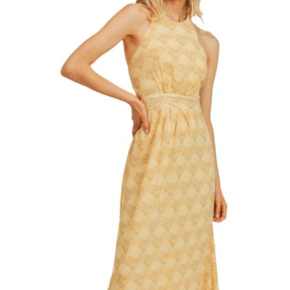 Yellow medallion print halter neck maxi dress small